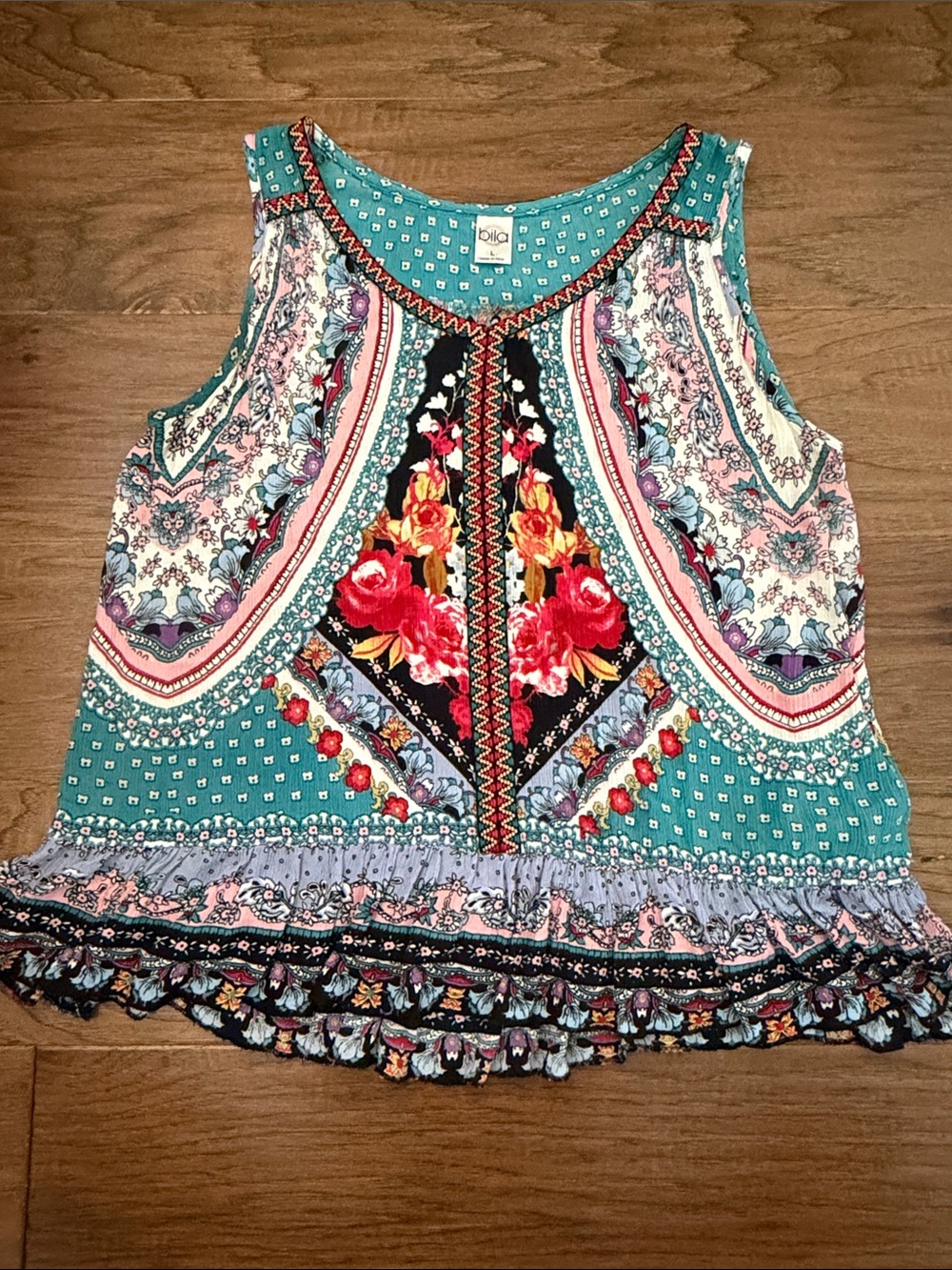 Bila Boho Floral Print Sleeveless Top in Teal with Ruffle Bottom SZ L - Picture 2 of 7